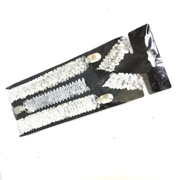 Suspenders Silver Sequin Y Stretch Clip On NWT NOS - Picture 4 of 11